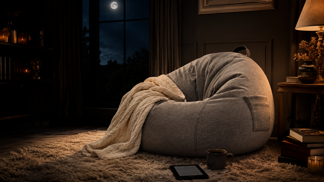 My Cozy Reading Corner with a Gray Bean Bag