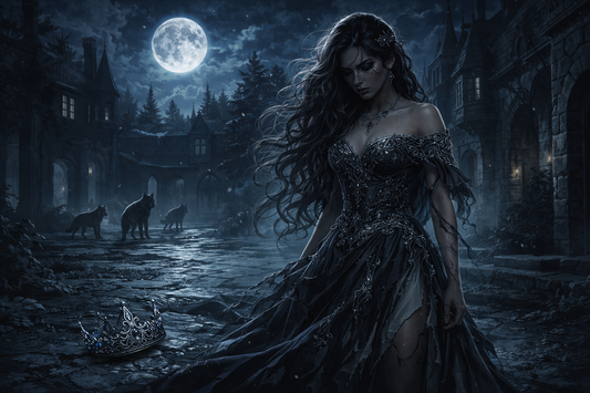Aysel alone in a moonlit pack courtyard after a shattered Luna coronation in The Pack's Daughters